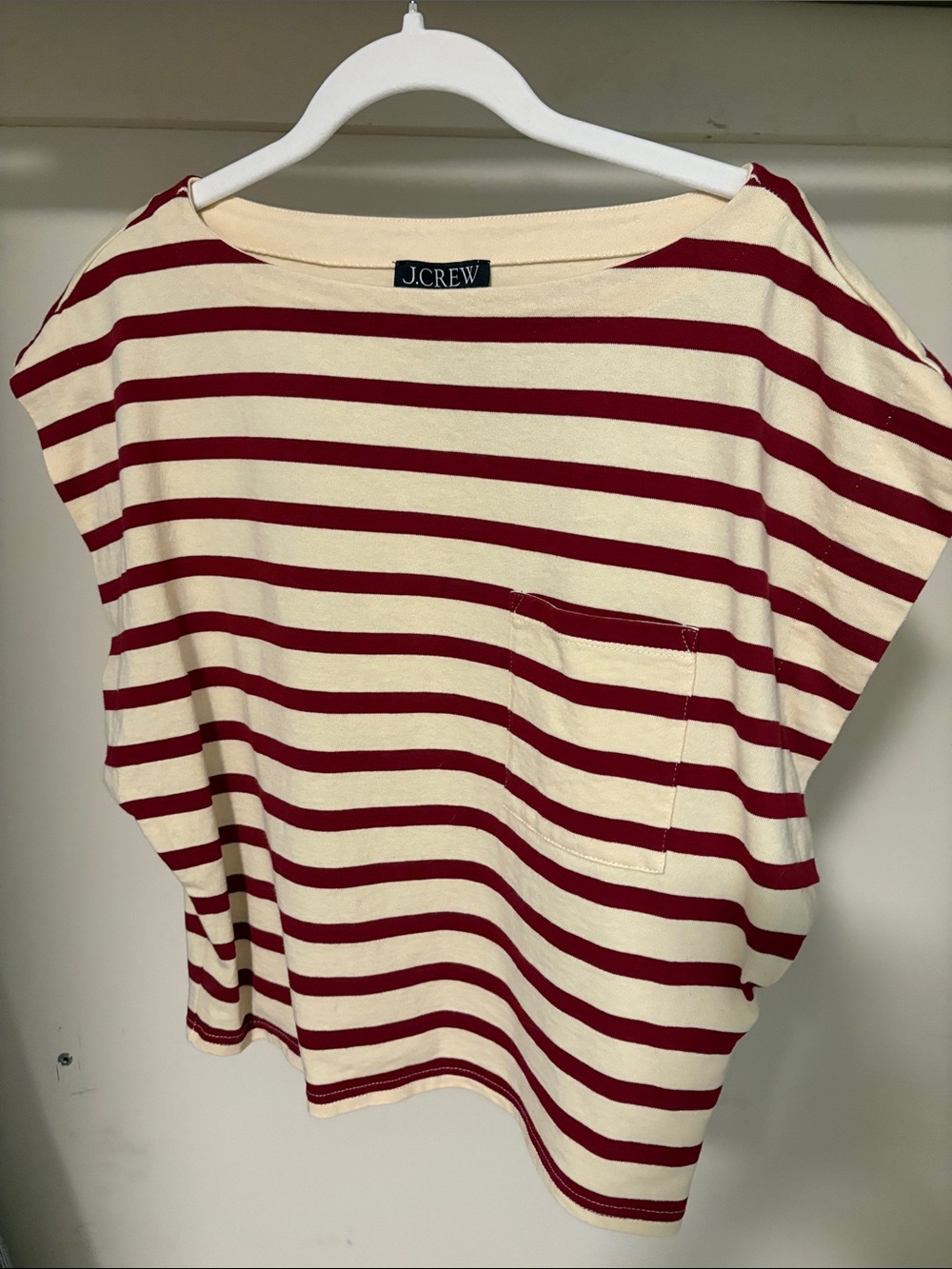 J. Crew Cream and Burgundy Striped Pocket Tee